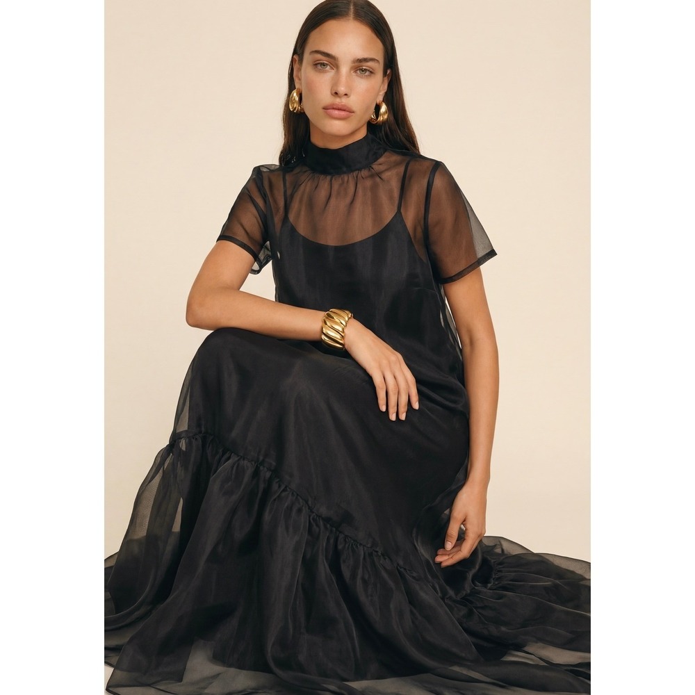 NWT CAARA Melody High Neck Organza Tie Neck Tiered Hem Dress Black - Size Large - Picture 12 of 12